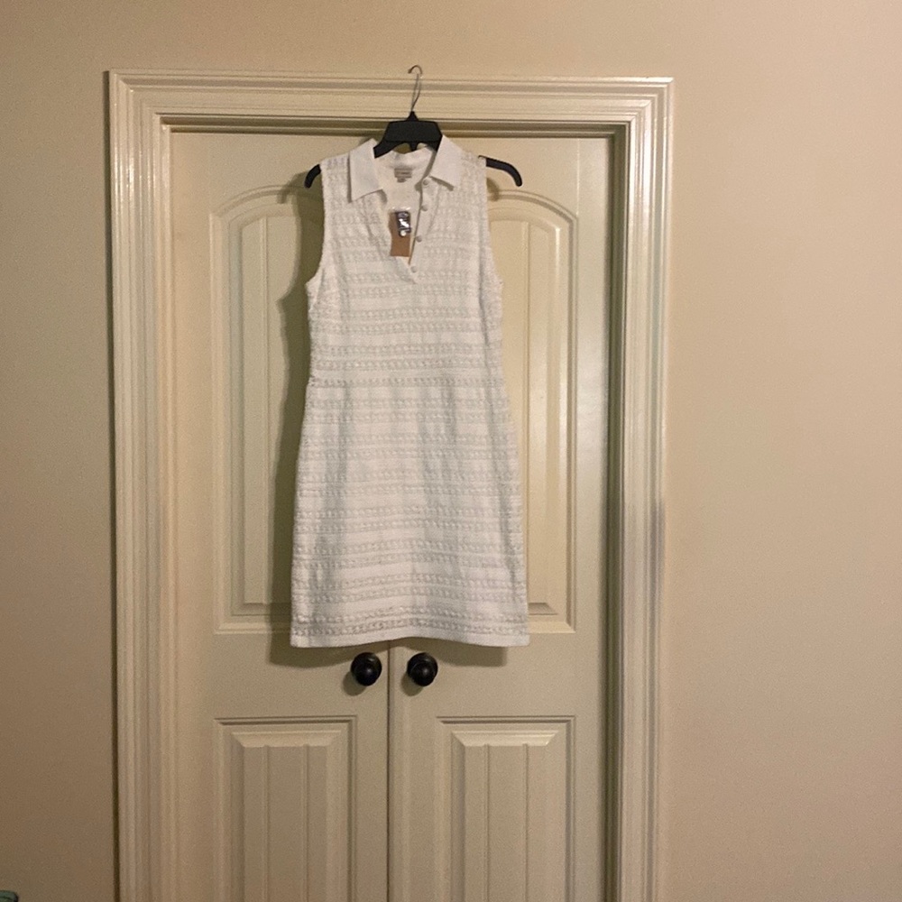 White button-front knit dress with cotton collar